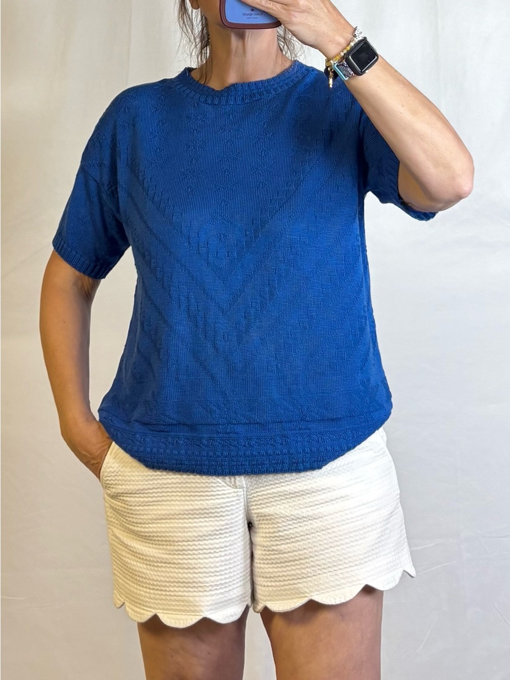 Classic Vintage Blue Knit Short-Sleeve Knit Top- Women's